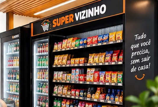 Loja Super Vizinho com geladeiras e prateleiras de produtos